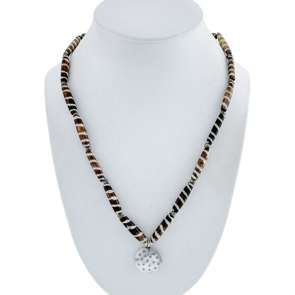 Vintage Sterling Silver African Batik Bone Beaded Necklace with Pendant 19.5" - Picture 1 of 5